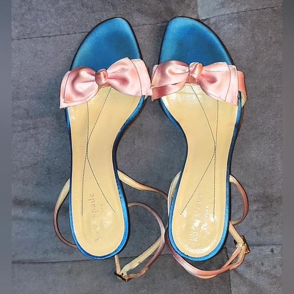 EUC KATE SPADE NEW YORK COLOR BLOCK PINK BOW ANKLE CALF STRAPS SANDALS SIZE 7M - Picture 2 of 10